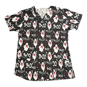 UA Scrubs Halloween Ghost Boo Print Scrub Top V Neck Short Sleeve Size S